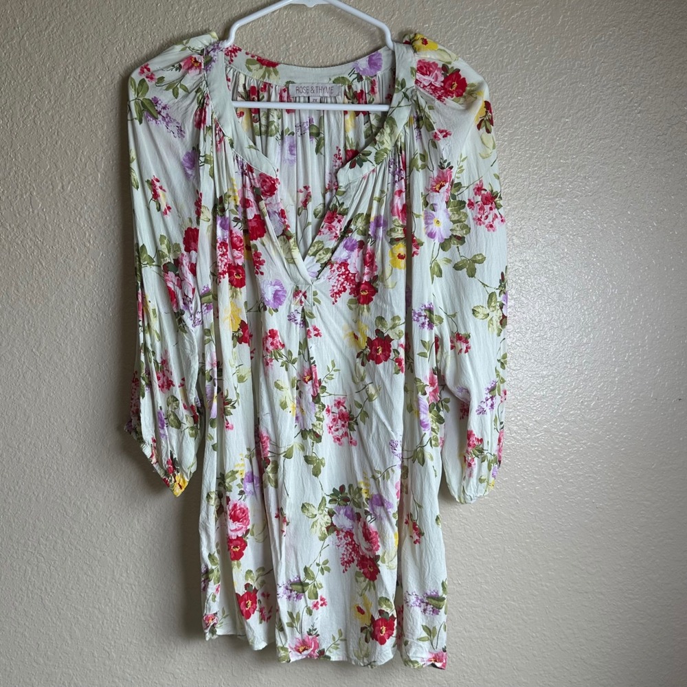 Rose & Thyme Floral Peasant Blouse Colorful 2X Rayon 3/4 Sleeve Boho Popover Top